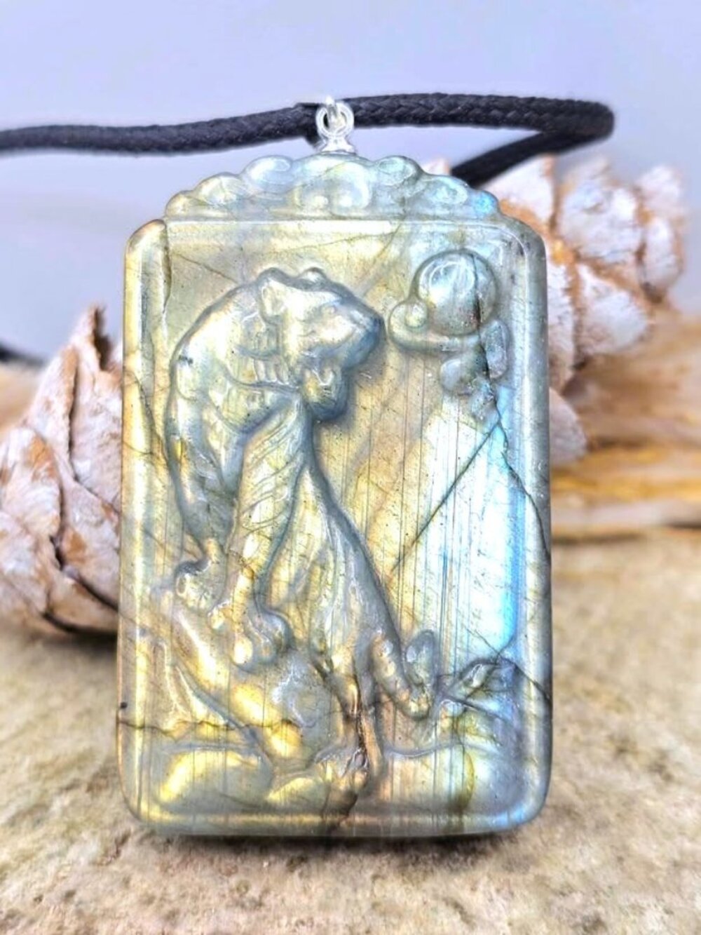 Labradorite Tiger Pendant • Golden Flash • 1.8" Climbing Tiger Necklace